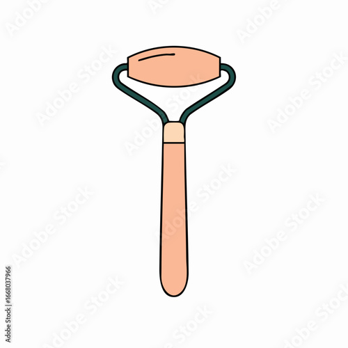 Cartoon peach-colored facial roller with dark green metal frame and handle