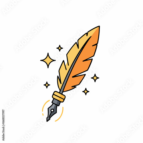 Stylized Quill Pen with Golden Feather and Sparkling Stars Illustration