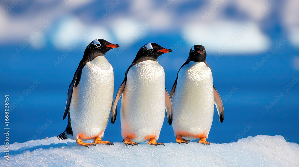 Obraz premium Gentoo penguins standing on ice in cold environment, showcasing their distinctive black and white feathers and orange beaks