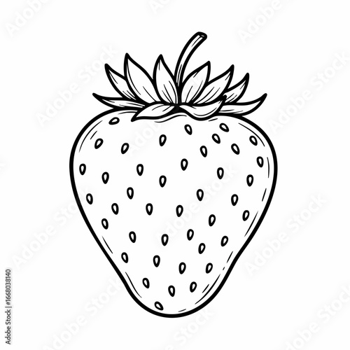 Detailed line drawing of a ripe strawberry with seeds and leafy top