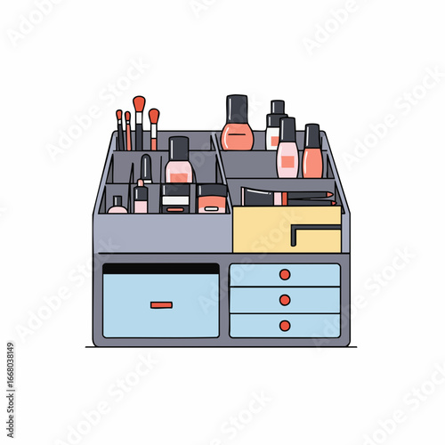 Organized Makeup Organizer with Brushes, Bottles, and Drawers, Vector Illustration.
