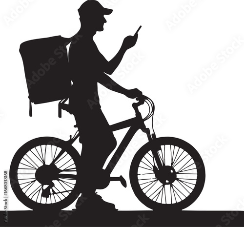 Silhouette of Bicycle Courier with Delivery Bag Using Smartphone, Food Delivery and Urban Transport