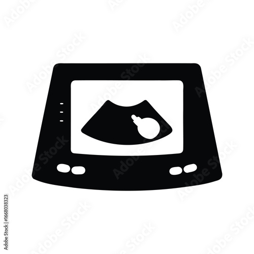 Black and white ultrasound machine with a fetal image on the screen, Ultrasound machine silhouette vector illustration