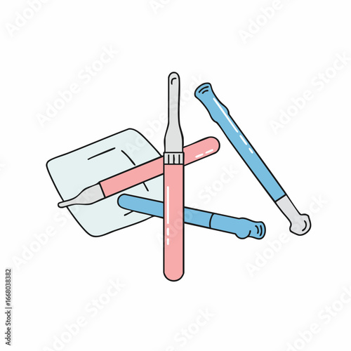 Dental Instruments: Pink Probe, Blue Handles, and Mirror in a Clean Arrangement
