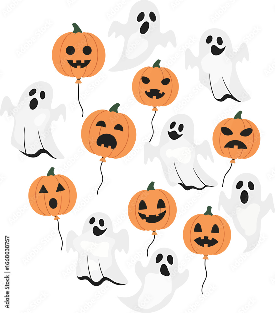 Fototapeta premium Whimsical Halloween pumpkin and ghost balloons with various expressions floating playfully.