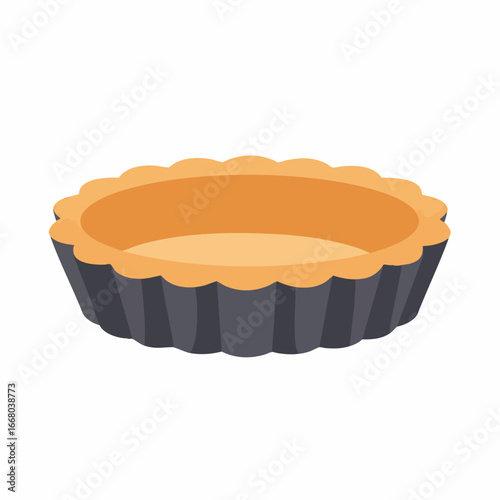 Empty fluted tart pan with a golden crust and dark gray sides