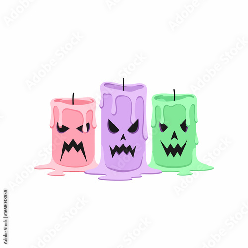 Three melting Halloween candles with spooky carved faces and dripping wax.