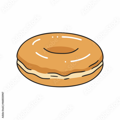 Cartoon donut with caramel glaze and cream filling, outlined in black