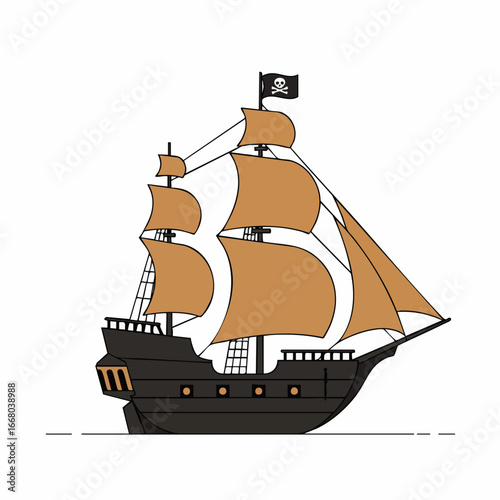 Cartoon pirate ship with skull and crossbones flag and tan sails
