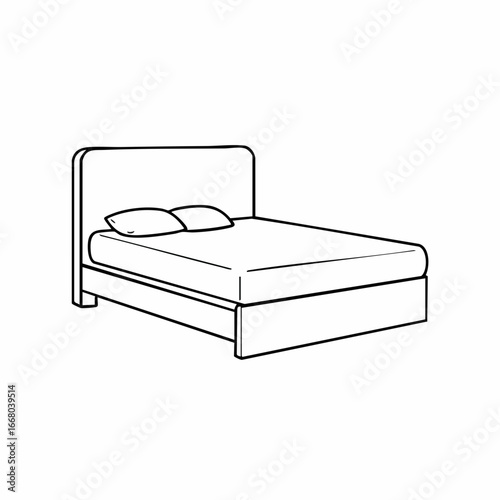 Minimalist Line Art: Bed with Pillows and Headboard, Simple Bedroom Furniture