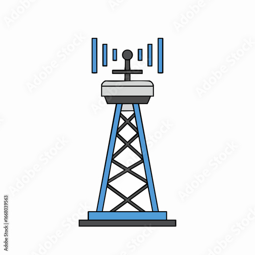 Stylized Communication Tower with Signal Waves and Blue Support Structure