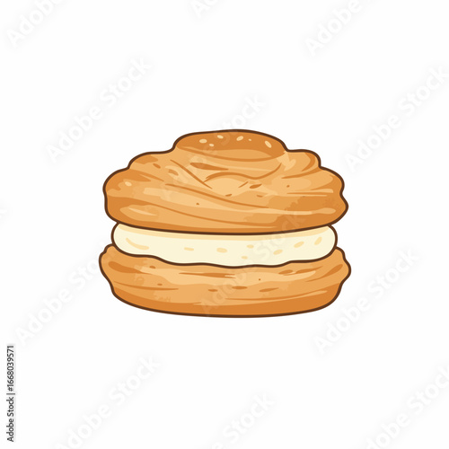 Cream Puff Pastry with Vanilla Filling, Detailed Cartoon Style Illustration