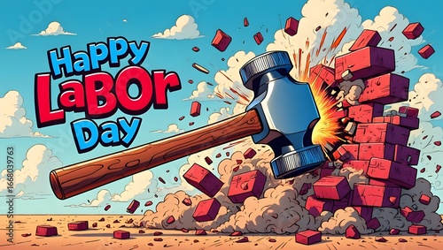 happy labor day theme , hammer smash wall 