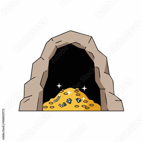 Cartoon Treasure Cave with Gold Coins and Sparkling Diamonds Illustration