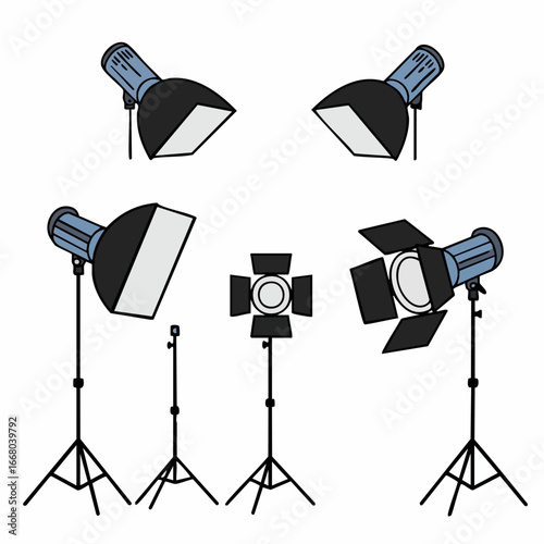 Cartoon Studio Lighting Equipment with Softboxes and Fresnel Spotlights