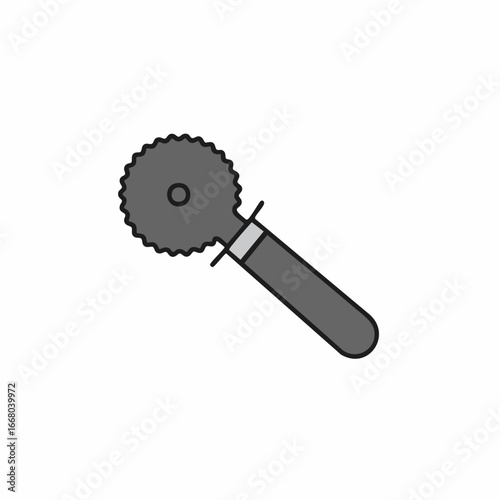 Stylized Pizza Cutter with Gray Handle and Serrated Wheel Design
