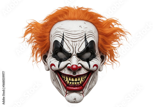 Scary clown mask with orange hair isolated on transparent background