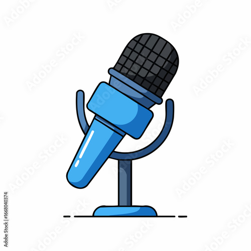 Cartoon Microphone on Stand with Blue and Black Accents, Isolated.