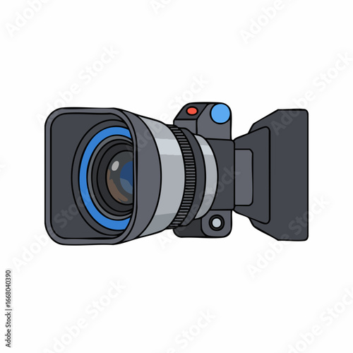 Cartoon-style digital video camera with blue lens ring and red record button