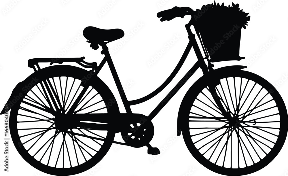 Obraz premium Silhouette of Bicycle with Flower Basket, Eco Lifestyle and Sustainable Transport Concept