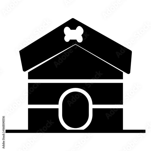 Black silhouette vector of a dog house with a bone decoration, representing pet care, animal shelter, and domestic pets