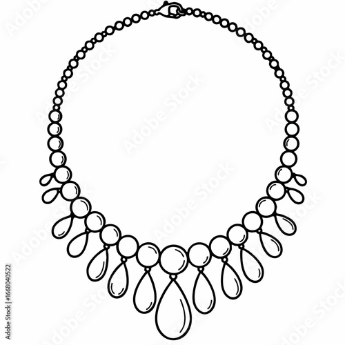 Elegant beaded necklace with teardrop pendants, outlined in black and white