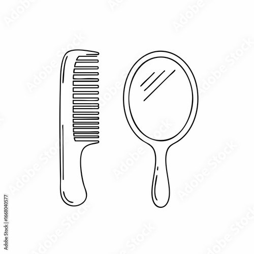 Simple Black Line Art Comb and Hand Mirror for Personal Grooming