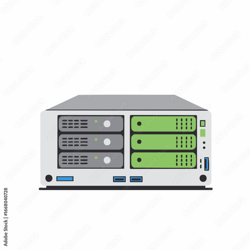 Fototapeta premium Modern Server Rack with Green and Gray Panels, Detailed Illustration