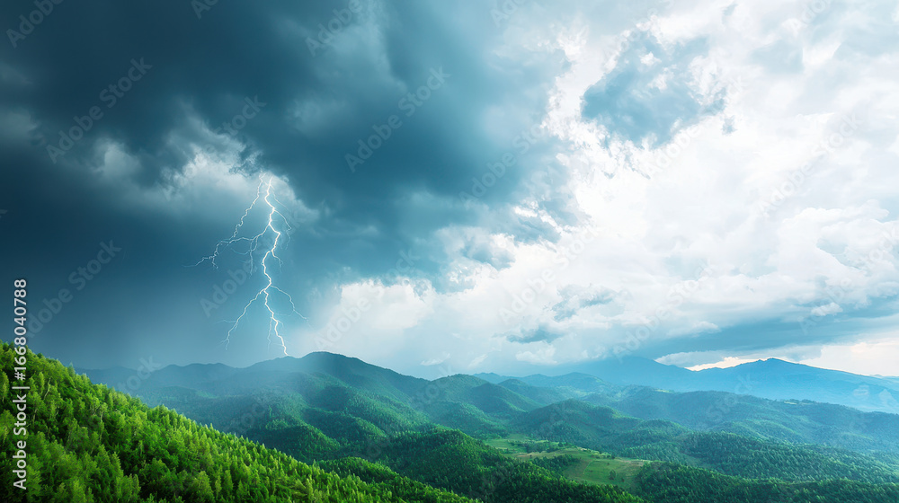 Obraz premium Dramatic mountain landscape with dark storm clouds and lightning illuminating sky, creating sense of awe and tension