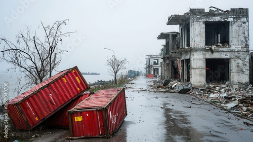 Desolate port town with abandoned buildings and overturned shipping containers, evoking sense of neglect and decay