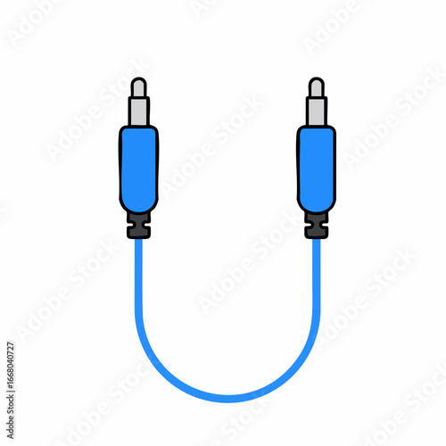 Blue Audio Cable with Dual Jack Plugs and Black Outlines, Cartoon Style
