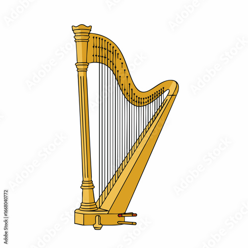 Golden Harp Illustration Depicting Musical Instrument with Detailed Strings