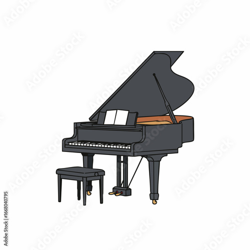 Elegant Black Grand Piano with Stool, Music Sheets, and Pedals