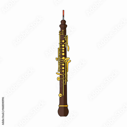 Detailed Illustration of a Brown Oboe with Golden Keys and Reed