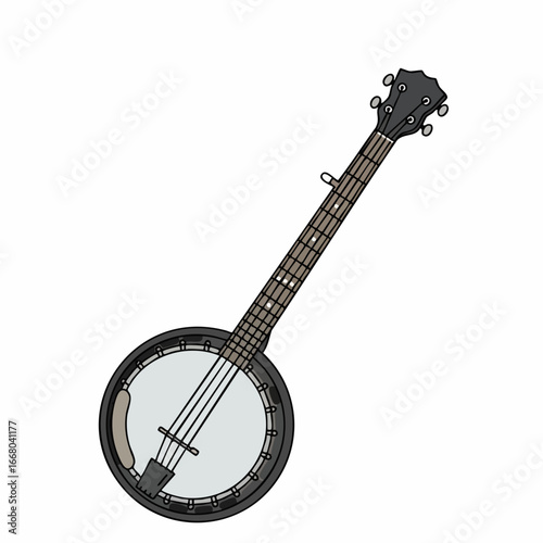 Detailed Illustration of a Five-String Banjo with Dark Wood and Light Drumhead