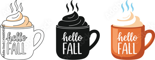 Cozy autumn vibes with hello fall coffee mugs in different styles and colors