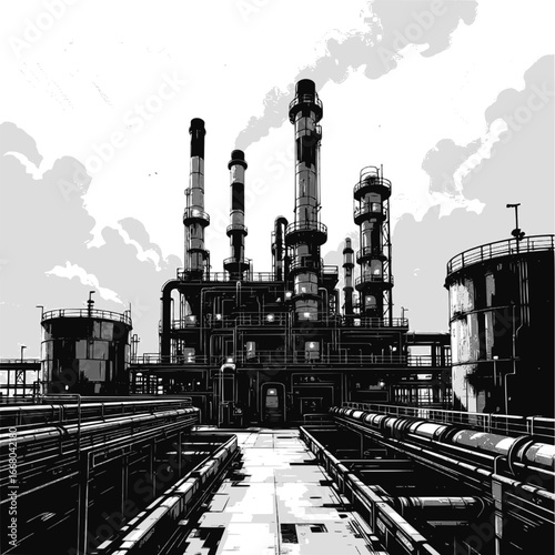 Chemistry or oil refinery plant. Vector monochrome image of an industrial object for advertising and presentation purposes. EPS version.