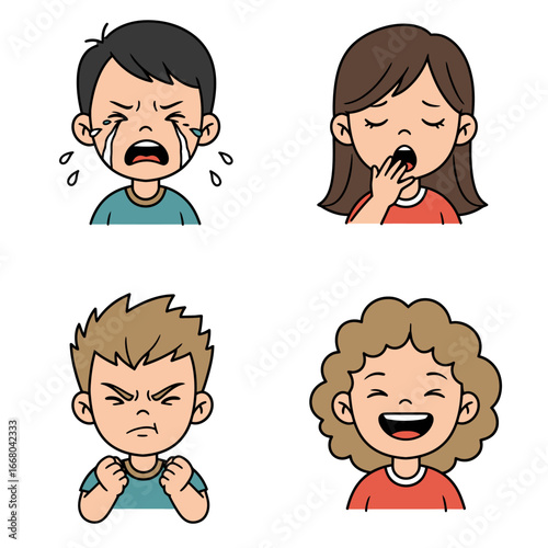 Cartoon Faces Expressing Emotions Crying Yawning Angry and Happy.