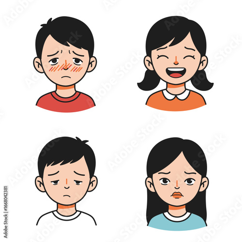 Cartoon Faces Expressing Emotions Joy Sadness Embarrassment and Disappointment.