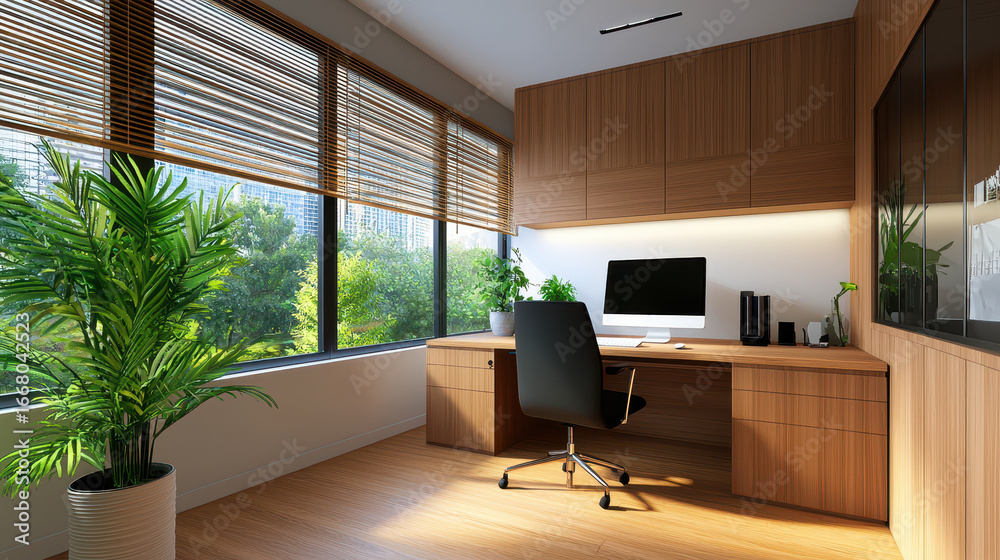 Fototapeta premium Modern office space featuring wooden desk, ergonomic chair, and large windows with natural light. calming atmosphere is enhanced by indoor plants