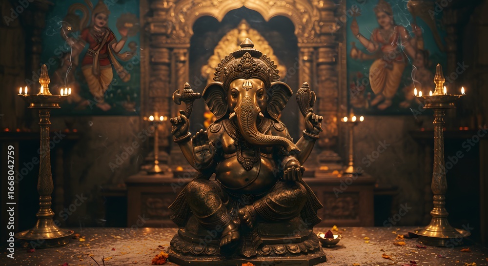 Fototapeta premium Traditional Bronze Lord Ganesha Idol in Temple with Incense Smoke