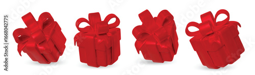 Set red gift boxes with shiny red ribbons and bows.