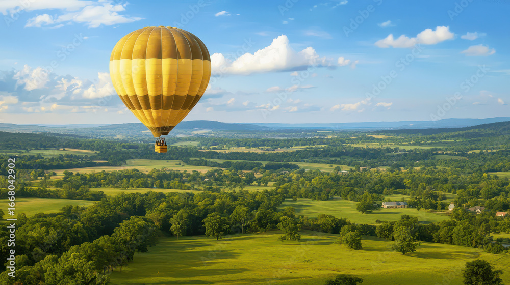 Obraz premium Vibrant hot air balloon floats gracefully over lush green landscape, showcasing rolling hills and clear blue sky. scene evokes sense of adventure