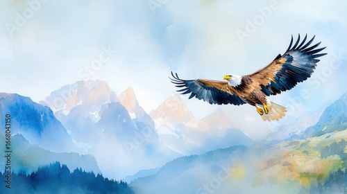 Majestic eagle soars over serene mountain landscape, showcasing its powerful wings against soft, watercolor sky