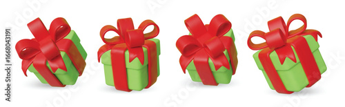 Set green gift boxes with red ribbons and bows.