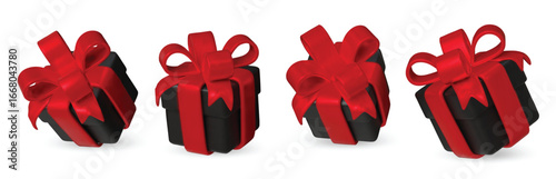 Set black gift boxes with shiny red ribbons and bows.