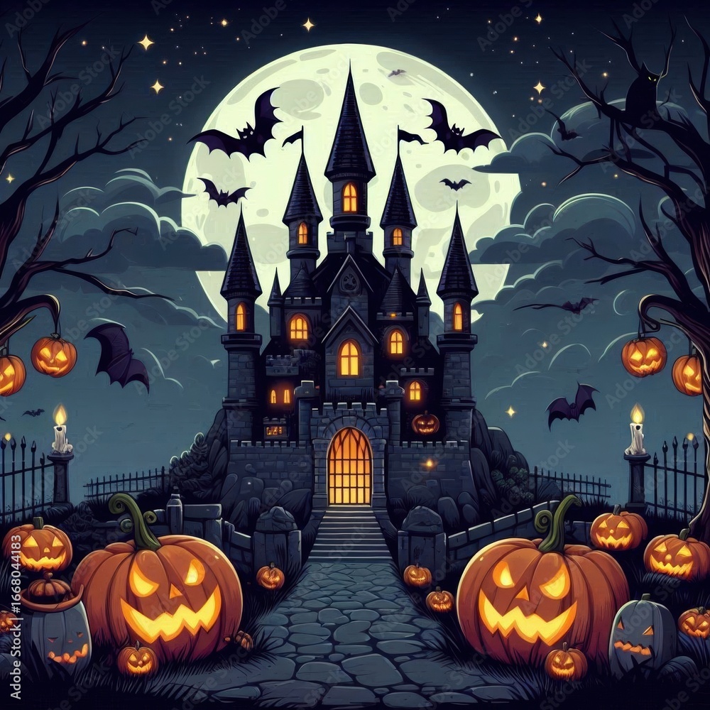 Fototapeta premium Cartoon Halloween landscape with castle and tall towers on background of full moon. Illuminated pumpkins and candles create an eerie atmosphere, and bats circle over narrow stone path leading to door.