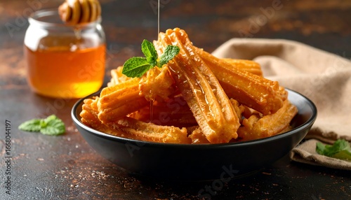 Honey Drizzled Churros in Bowl, Closeup