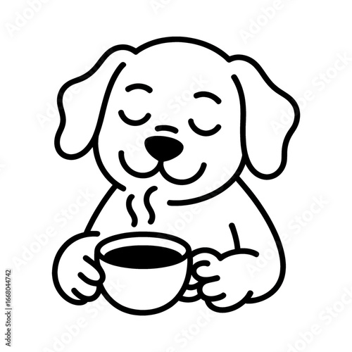 Happy dog enjoying a warm cup of coffee on a cozy morning at home with a relaxed expression
