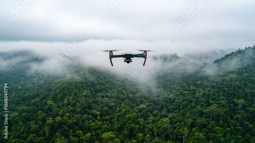 Wallpaper Mural A drone hovers above a lush, green forest, surrounded by misty clouds, capturing stunning aerial views of the vibrant landscape below. Torontodigital.ca